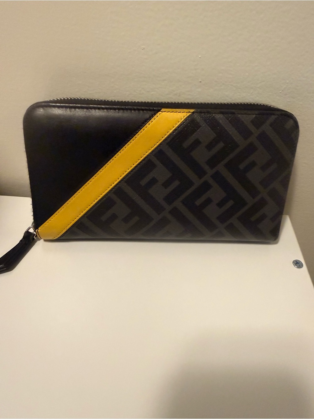 Fendi Black Diagonal Yellow-Accent Zip Wallet Clutch